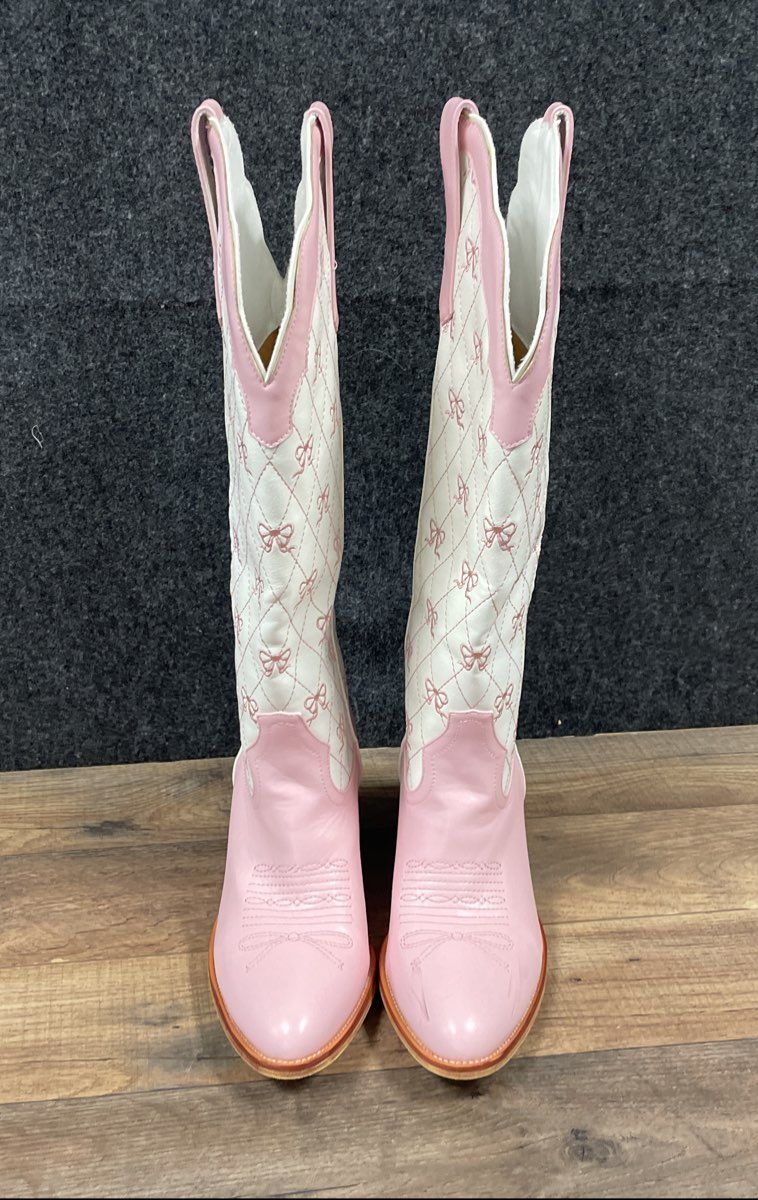 Pink White Bow Embroidered Quilted Western Cowboy Boots Women's Size 8