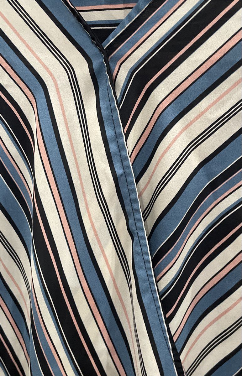 W5 Women's Blouse Blue White Pink Black Striped Wrap Front 3/4 Sleeve XL