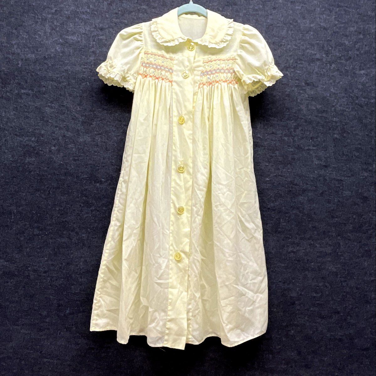 Vintage 70s Girls Yellow Smocked Eyelet Trim Button Front Puff Sleeve Dress