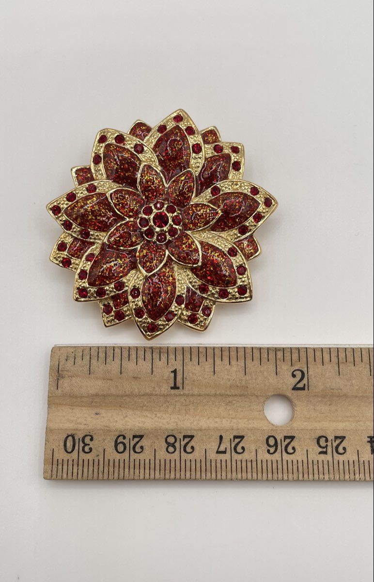 Roman Gold-Tone Red Rhinestone Glitter Enamel Poinsettia Flower Brooch Pin 22.7g