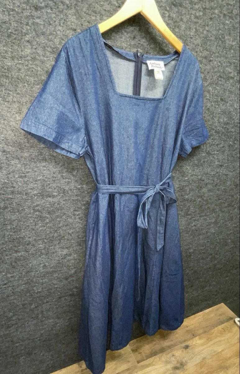 Anthony Richards Women's Blue Cotton Denim Dress Square Neck Belted Pockets 18