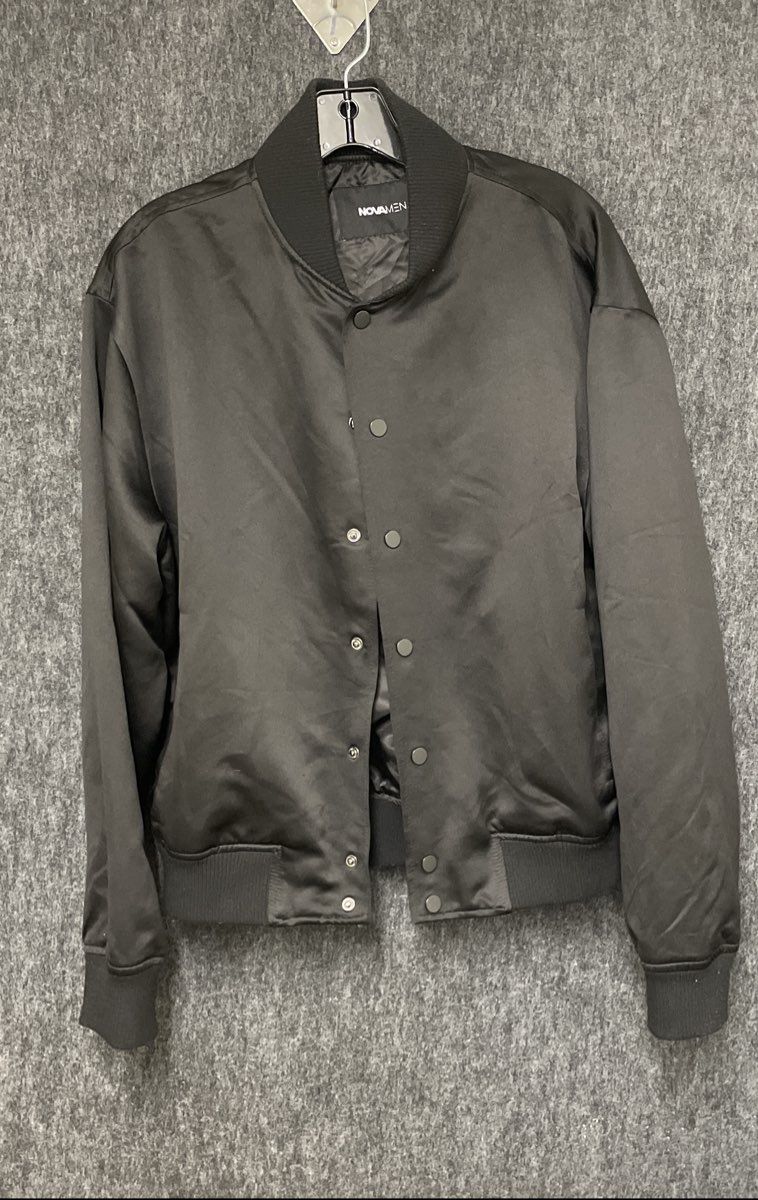 NovaMen Men's Black Satin Bomber Jacket Snap Front Ribbed Trim Sz S