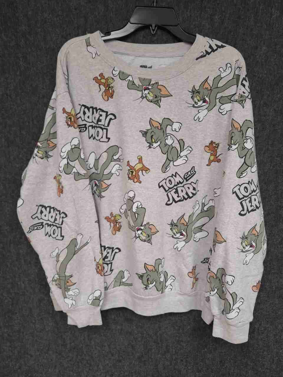 Tom and Jerry Men's Heather Grey All Over Print Crew Neck Sweatshirt Sz 3XL