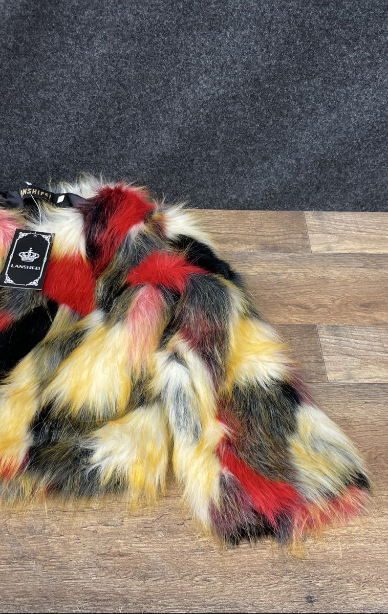 Lanshifei Women's Red Yellow Black Shaggy Faux Fur Patchwork Crop Jacket NWT S