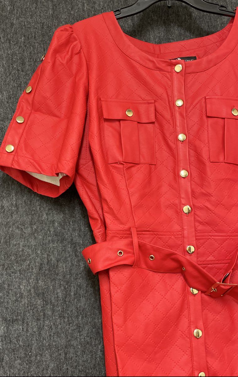Ashley Stewart Women's Red Quilted Faux Leather Button Up Belted Dress Sz 14/16