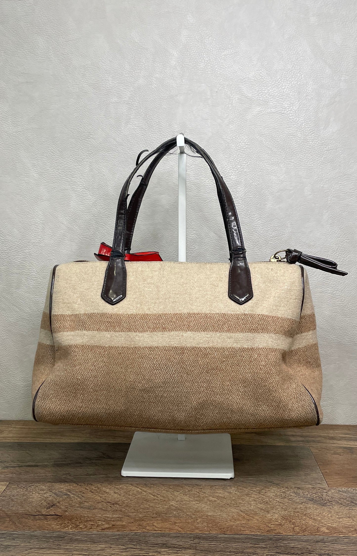 Coach Taylor Stripe Tan Canvas Satchel Handbag Brown Patent Trim Red Bow