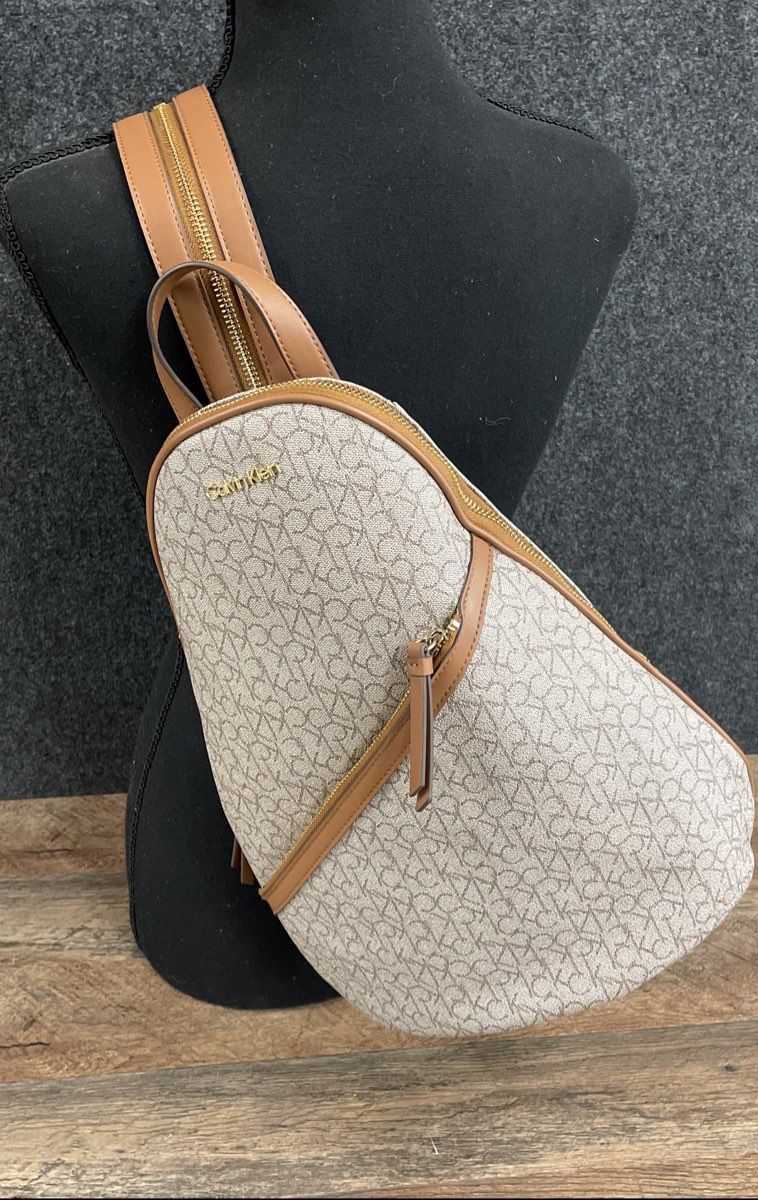 Calvin Klein Beige Tan Monogram Logo Convertible Backpack Sling Bag Gold