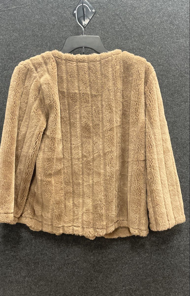 Adrienne Vittadini Women's Tan Ribbed Faux Fur Jacket Jeweled Clasp Size L