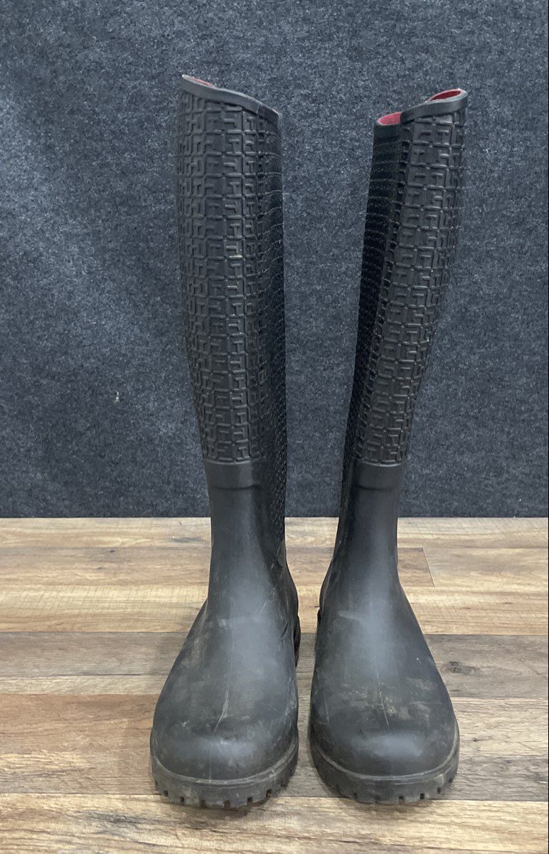 Tommy Hilfiger Wraindrop Black Monogram Knee High Rain Boots Women's Size L