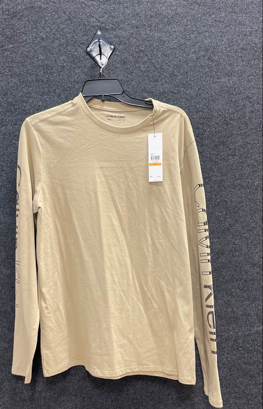 Calvin Klein Men's Tan Long Sleeve Graphic Sleeve Logo T-Shirt Sz S NWT