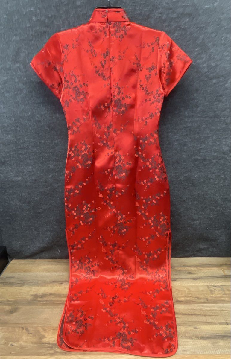 Tangyu Women's Red Floral Satin Mandarin Collar Cheongsam Qipao Dress Size M