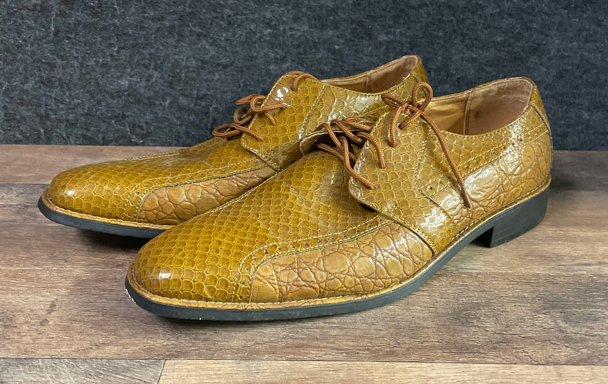 Hugo Vitelli Mustard Brown Faux Alligator Derby Shoes Size 10