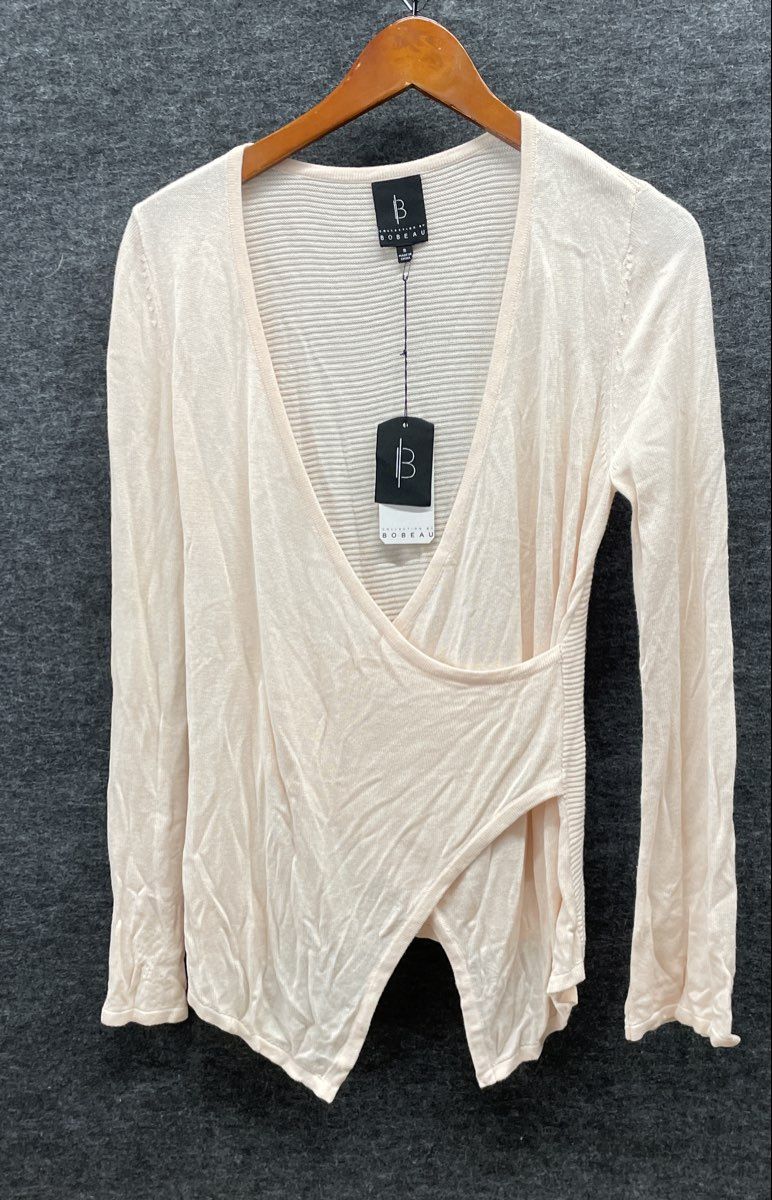 Bobeau Women's White Ribbed Drape Wrap Front V-Neck Long Sleeve Top Sz S NWT