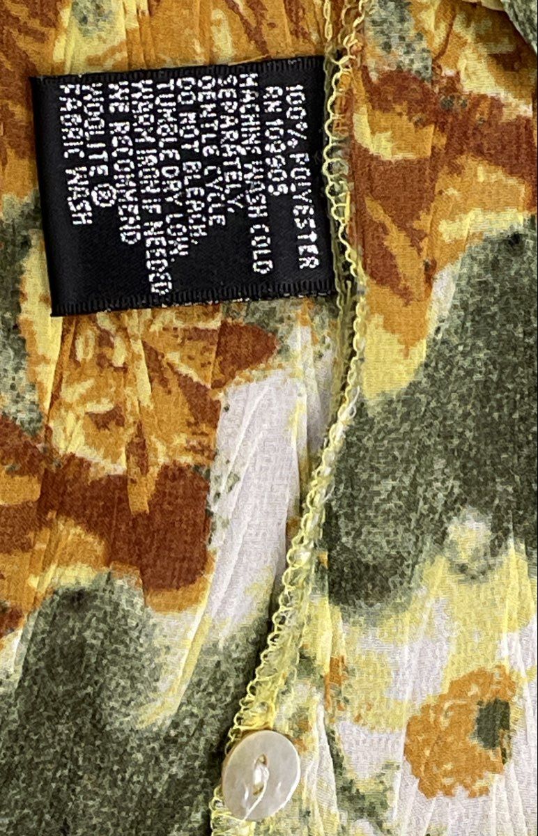 Essentials By Milano Women's Green Yellow Floral Crinkled Pleated Blouse Sz S