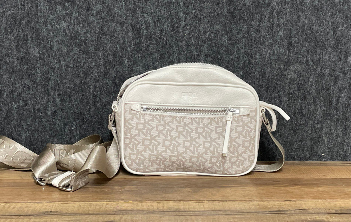 DKNY White Monogram Canvas Camera Crossbody Bag Silver Hardware