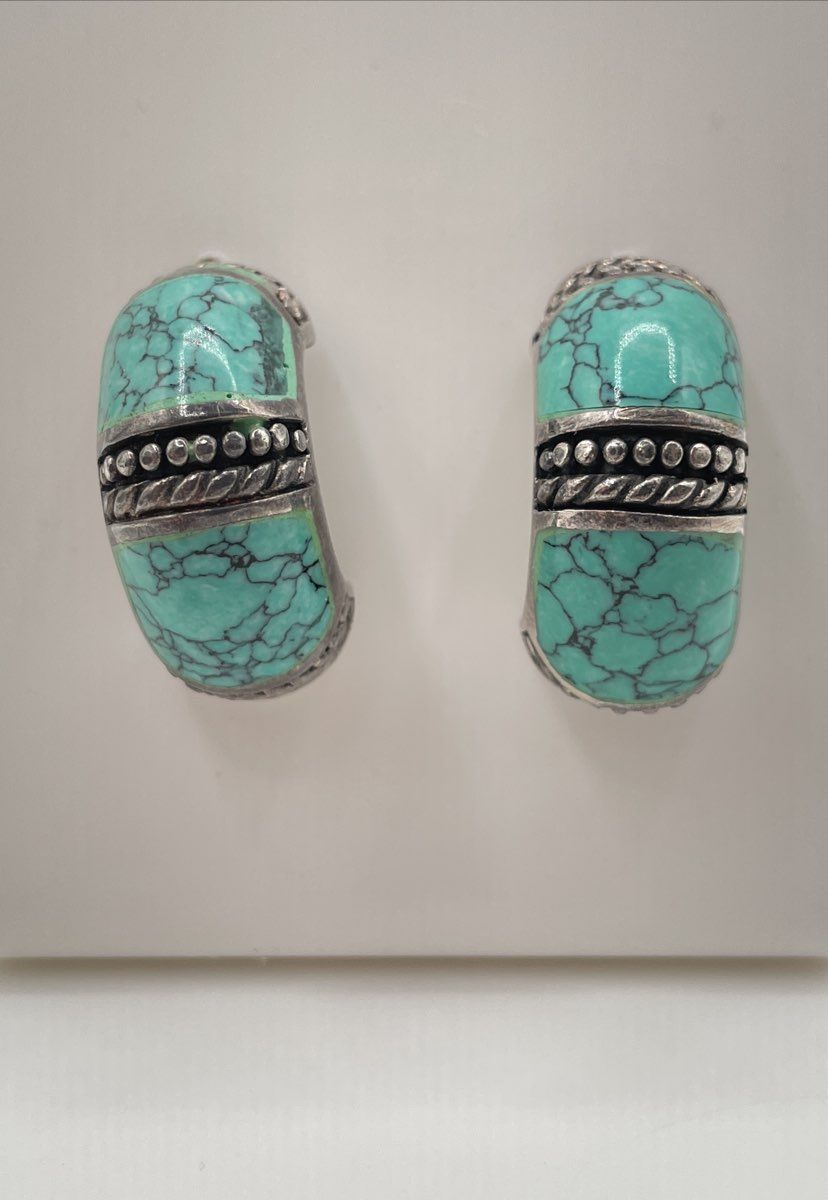 925 Sterling Silver Faux Turquoise Inlay Half-Hoop Earrings 10.5g