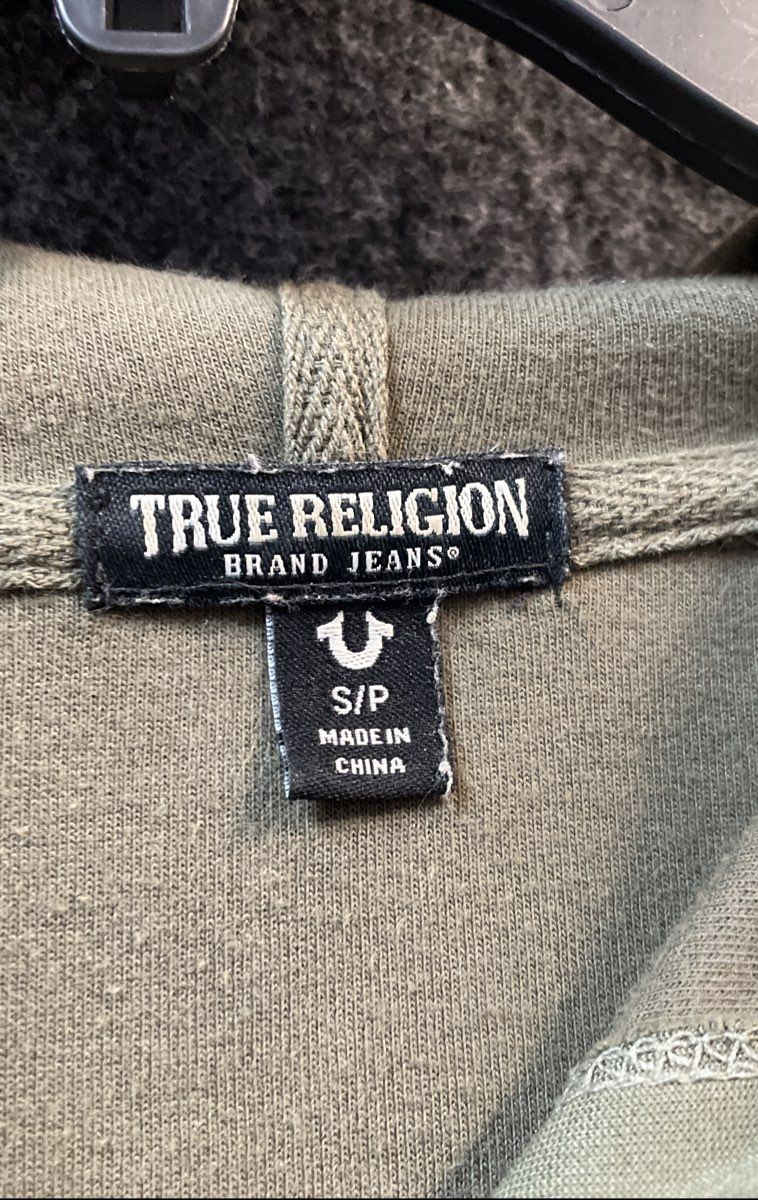 True Religion Women's Green Cropped Zip Up Hoodie Rhinestone Sunburst Logo Sz S