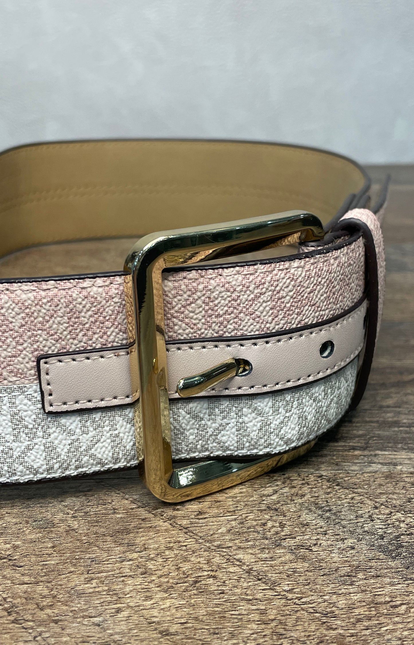 Michael Kors Women's Monogram Colorblock Waist Belt Pink Gray Gold Buckle Sz S