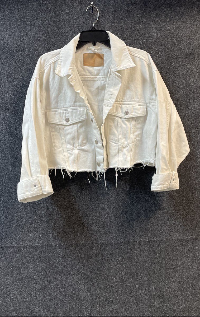 &Denim Women's White Cropped Raw Hem Cotton Denim Jacket Sz S