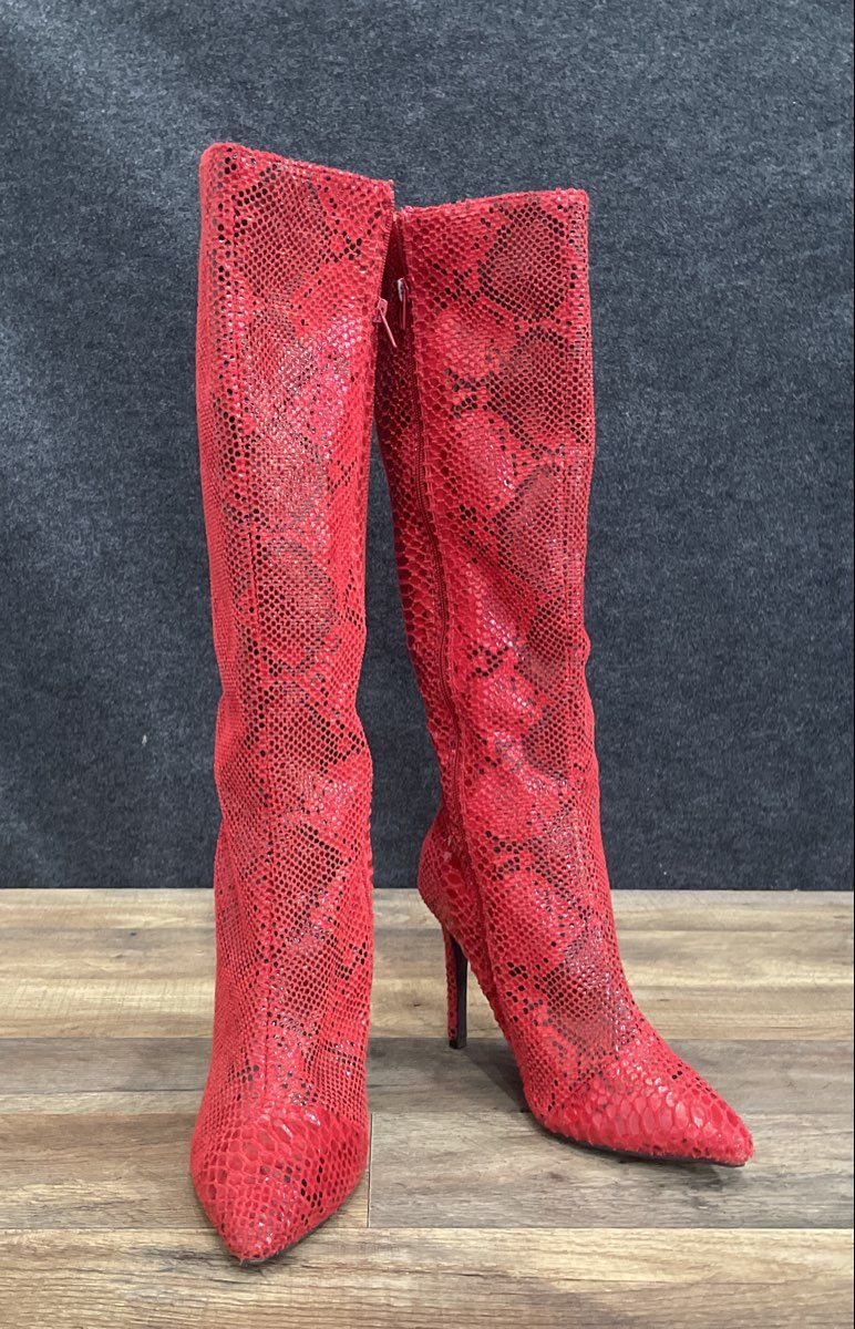 INC International Concepts Rajel Red Snakeskin Knee High Stiletto Boots Size 9