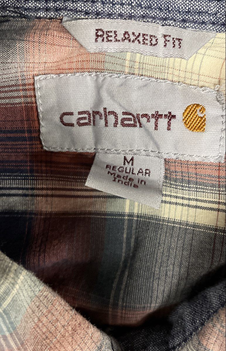 Carhartt Men's Rugged Flex Relaxed Fit Blue Orange Plaid Button Down Shirt Sz M