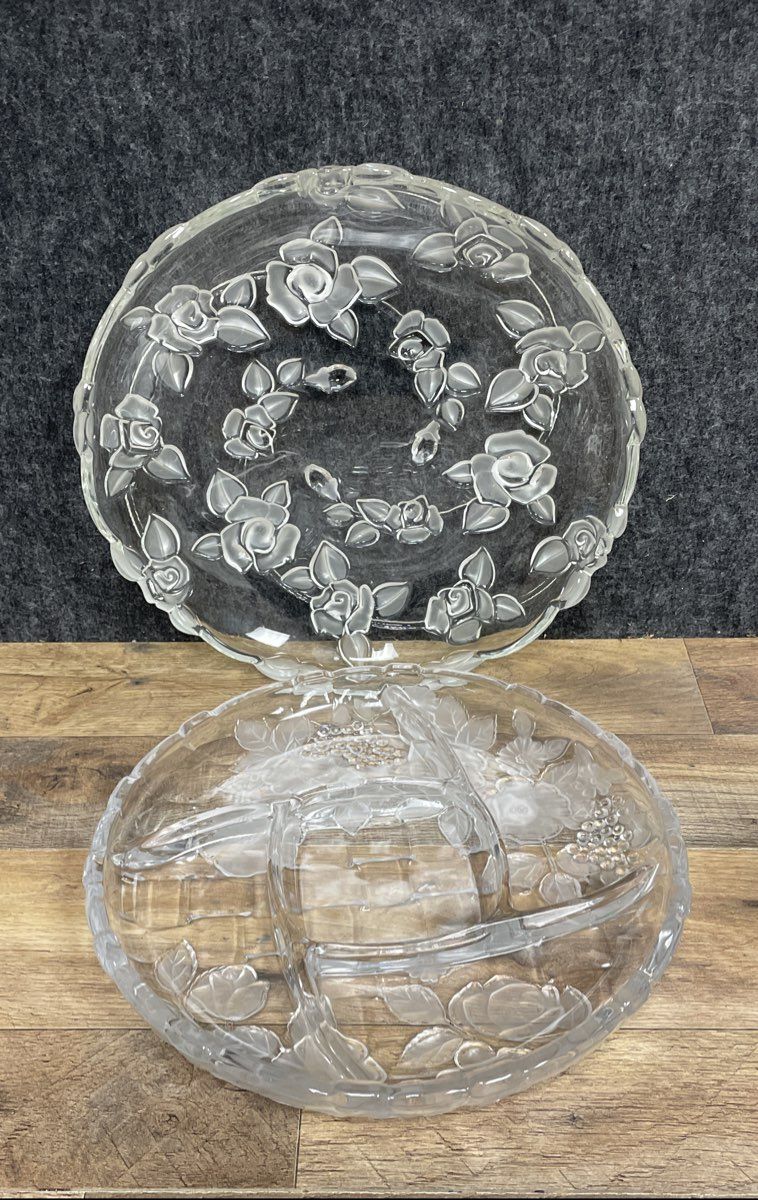 Pressed Glass Frosted Rose Floral Serving Platter & Divided Relish Tray Lot 2pc
