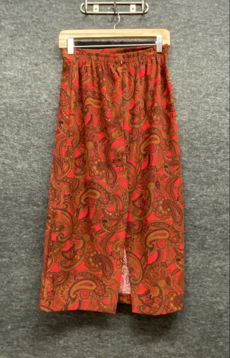 Vintage 90s Women's Red Paisley Print Midi Straight Skirt Elastic Back Waist