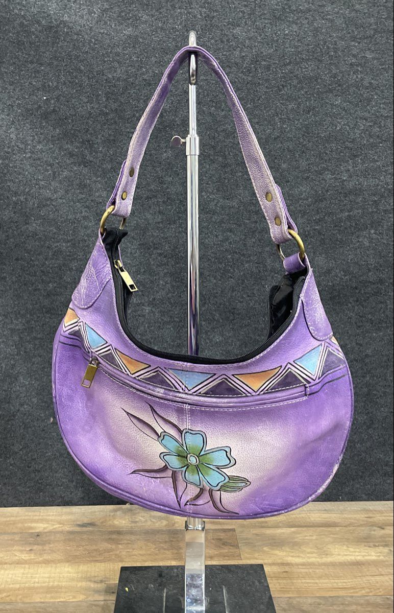 Vintage Purple Hand Painted Leather Floral Geometric Hobo Shoulder Bag