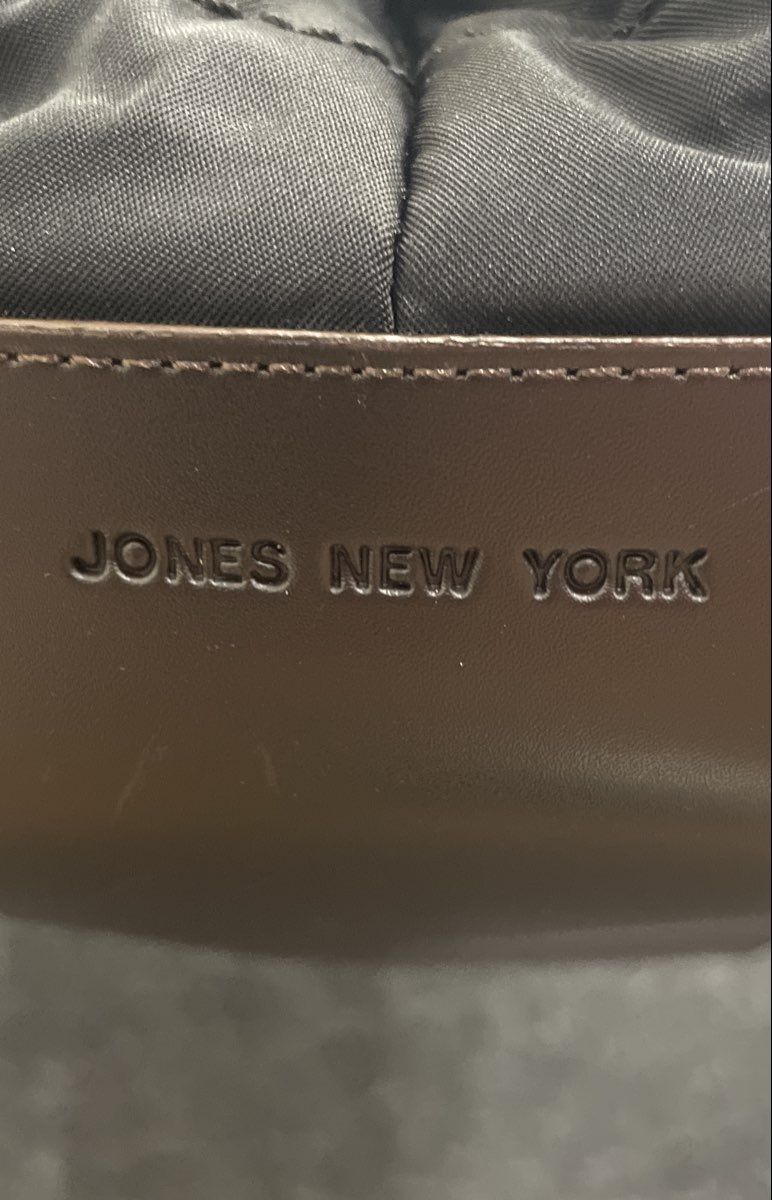 Jones New York Black Quilted Fabric Tote Bag Brown Leather Trim Shoulder Bag