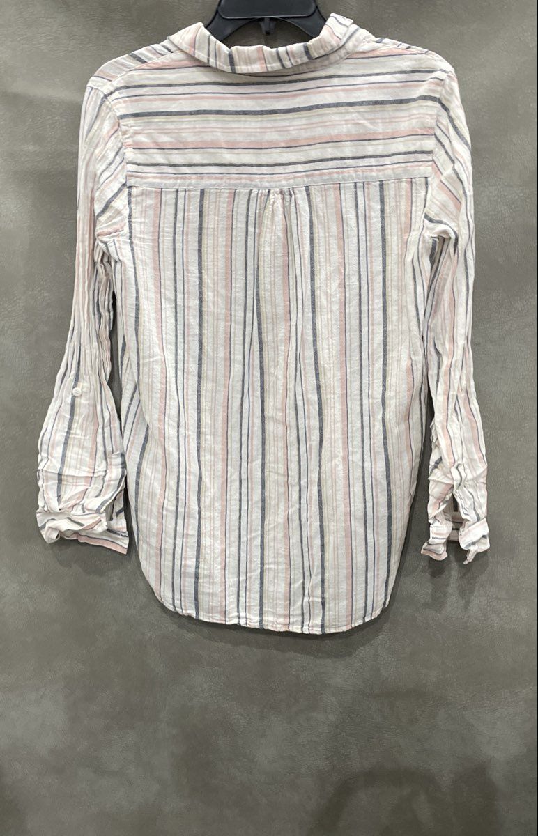 Sanctuary Women's White Striped Cotton Linen Blend Roll Tab Sleeve Shirt Sz S