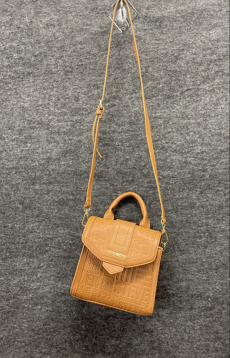 Steve Madden Tan Logo Embossed Saffiano Satchel Crossbody Bag Gold Hardware