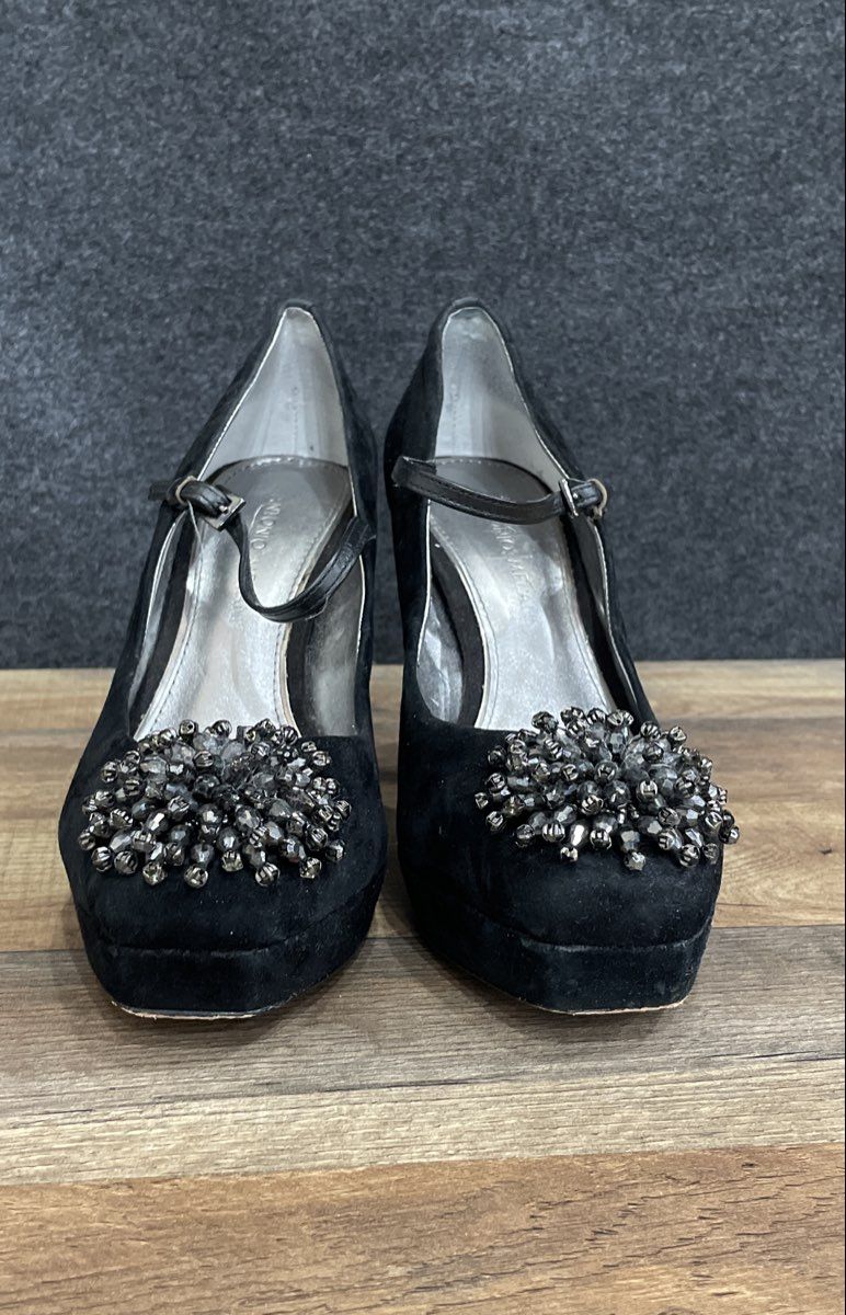 Antonio Melani Black Suede Beaded Platform Mary Jane Heels Size 8M