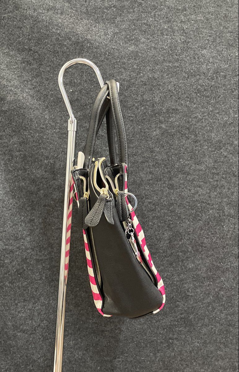 Betsey Johnson Pink White Black Striped Faux Leather Satchel Purse Handbag