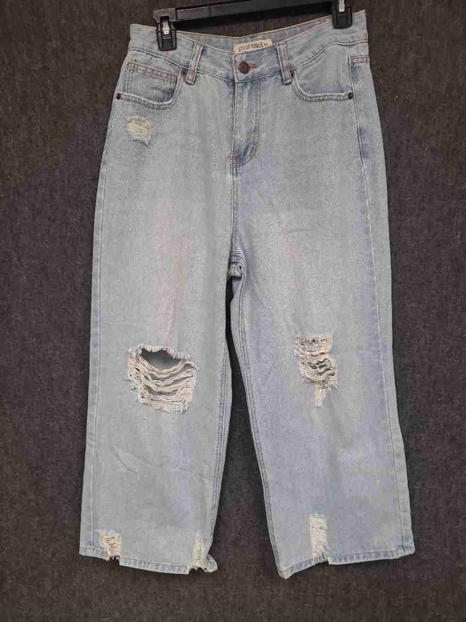 Great Smoky Women's Light Wash Distressed High Rise Wide Leg Cropped Jeans Sz M