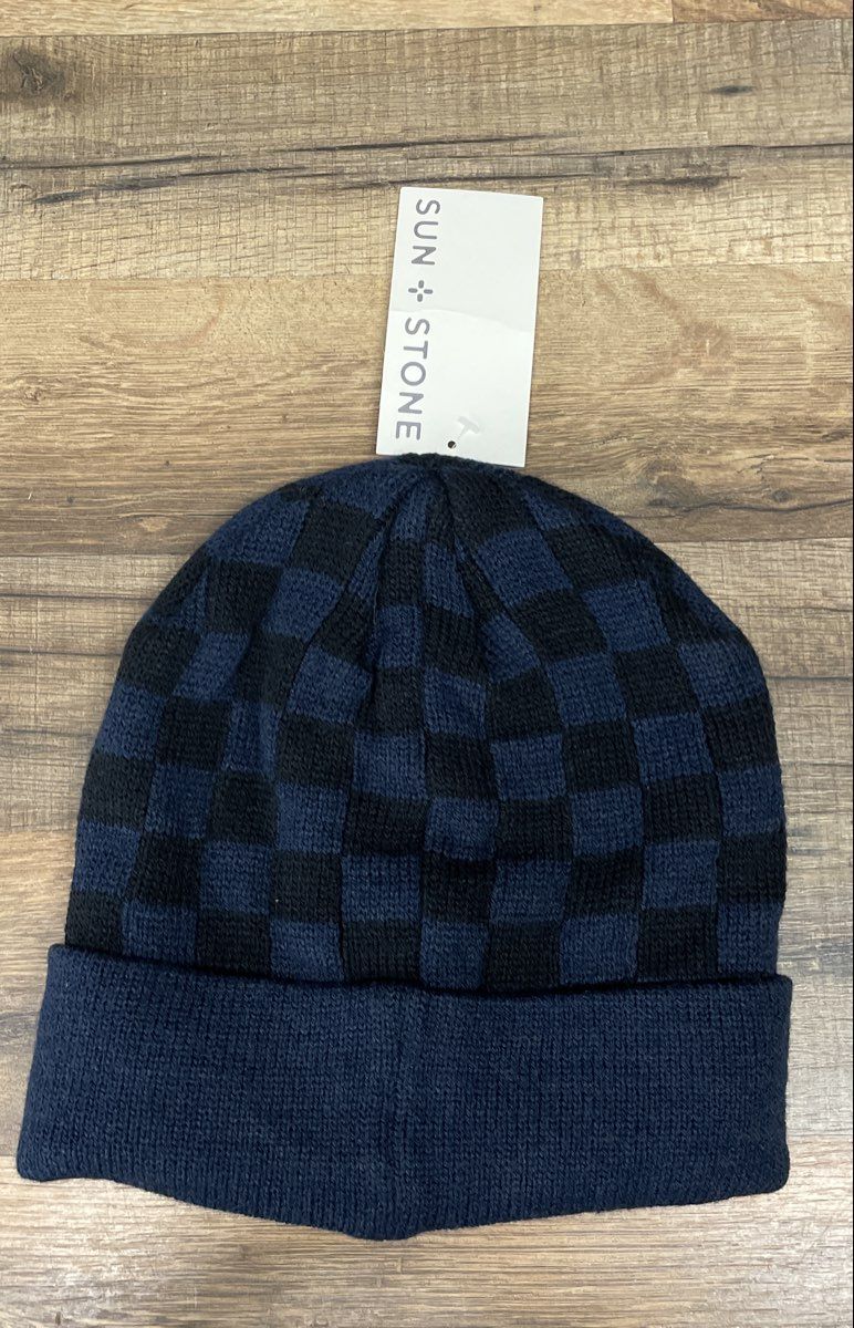 Sun Stone Men's Navy Black Checkerboard Pattern Beanie Knit Hat One Size NWT