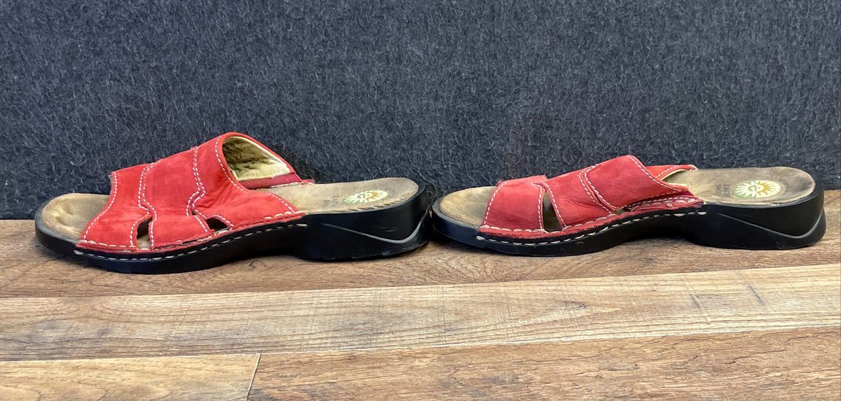 Earth Shoe Kalso Red Leather Slide Sandals Contrast Stitching Women's Size 11