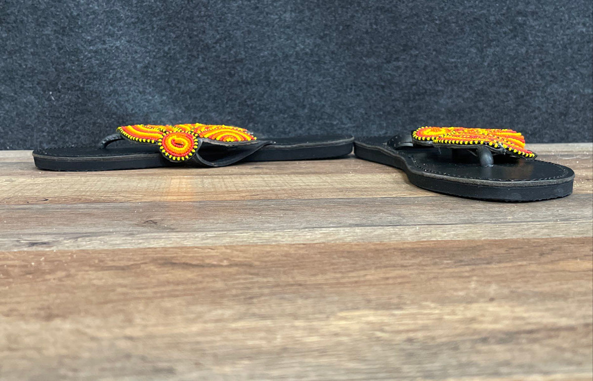 Handmade Beaded Leather Thong Sandals Black Yellow Red Orange Size 40