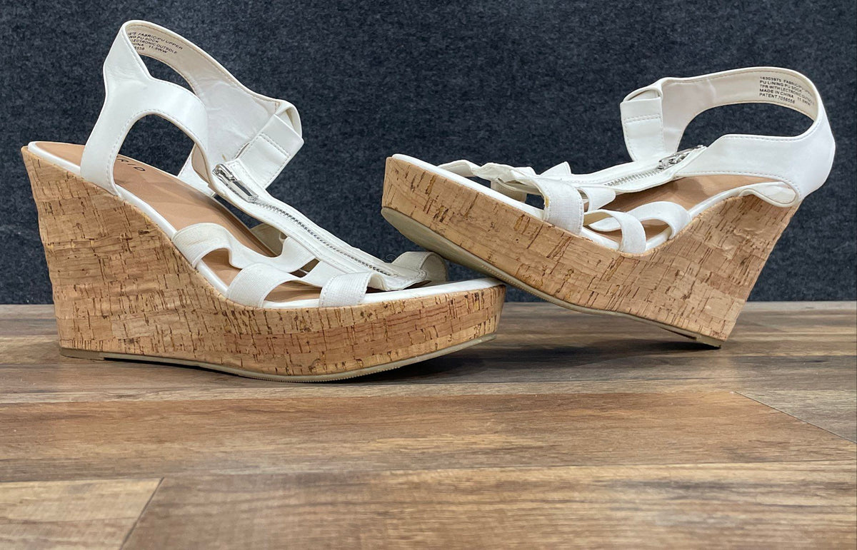 Torrid White Front Zip Faux Cork Platform Wedge Sandals Women's Size 11.5W