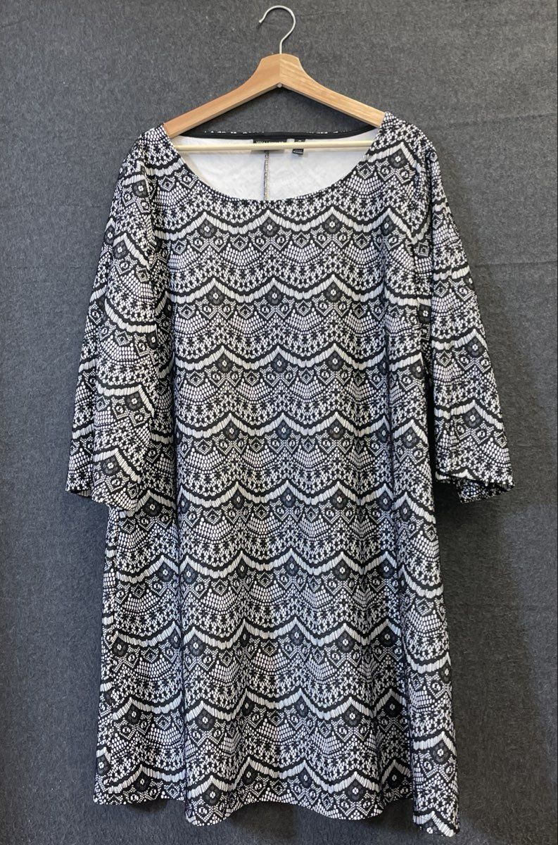 Nina Leonard Women's Black & White Lace Print Scalloped Dress Sz 2X