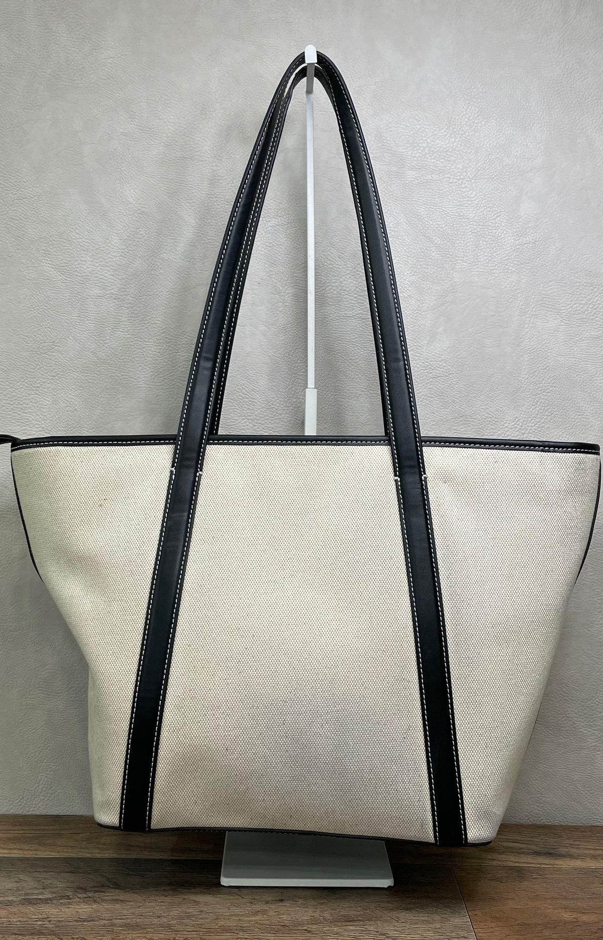 Michael Kors Off-White Canvas Black Leather Trim Zip Top Tote Bag Gold Tone