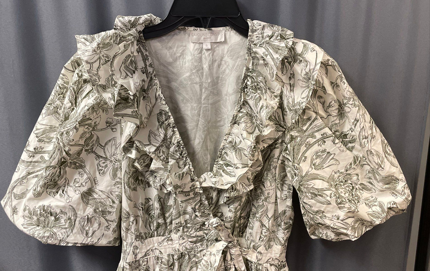 Caroline Constas Women's Green White Floral Ruffled Puff Sleeve Wrap Dress Sz S