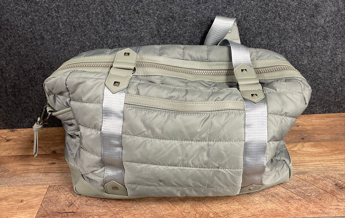 Cynthia Rowley Grey Quilted Puffer Handbag Studded Duffel Weekender Bag