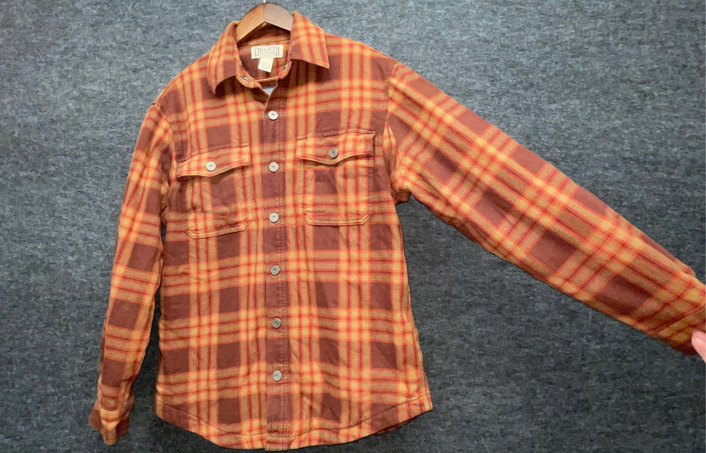 Duluth Trading Co. Men's Orange Plaid Fleece Lined Flannel Snap Shacket Jacket