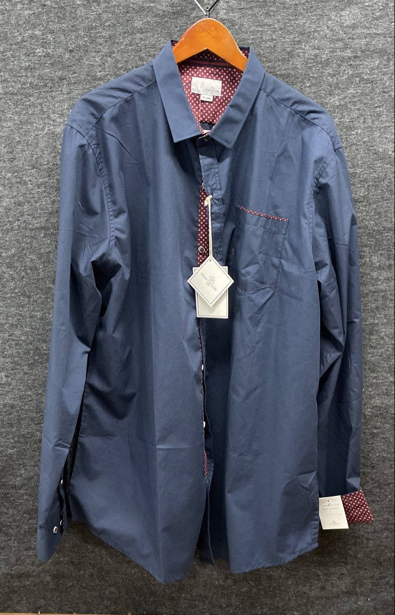 Craft + Flow Men's Navy Blue Long Sleeve Button Up Shirt Contrast Trim NWT 2XL