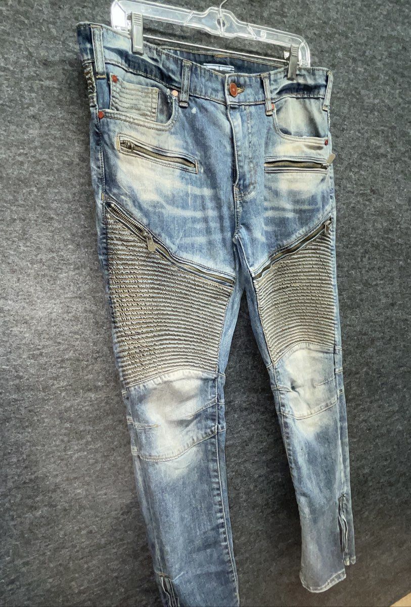 Jordan Craig Men's Legacy Edition Moto Biker Jeans Blue Distressed Zipper 34x32