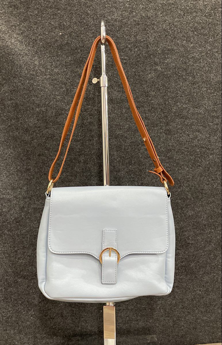 Light Blue Faux Leather Shoulder Bag Tan Adjustable Strap Gold Hardware 13x10