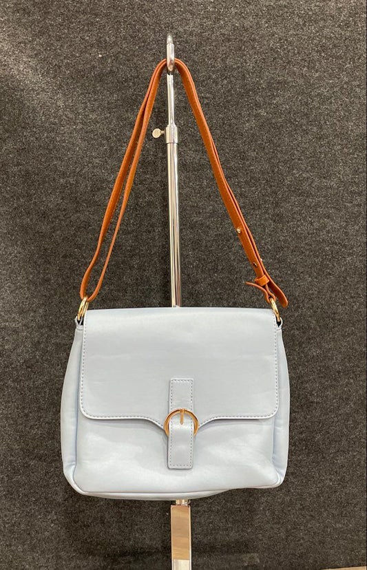 Light Blue Faux Leather Shoulder Bag Tan Adjustable Strap Gold Hardware 13x10