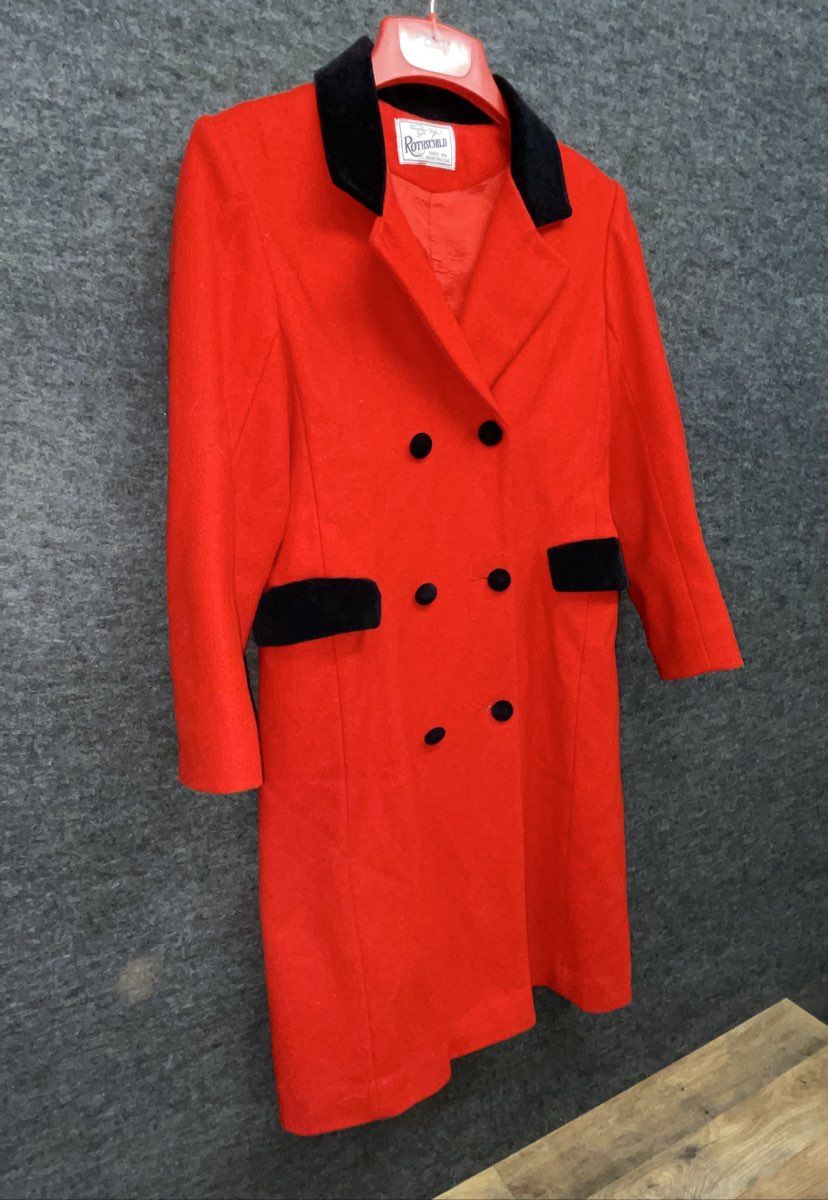 Vintage 90s Rothschild Girls Red Peacoat Velvet Trim Dress Coat Made in USA