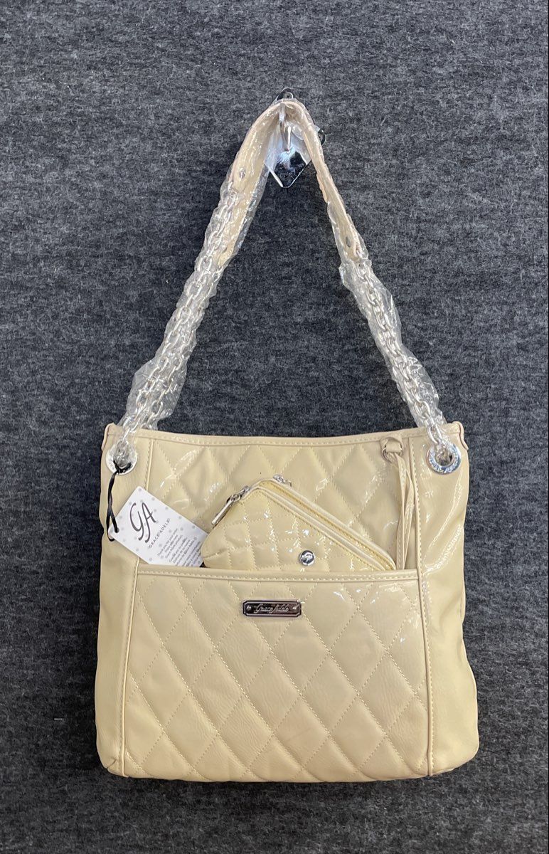 NWT Grace Adele Cream Quilted Patent Faux Leather Shoulder Bag Purse