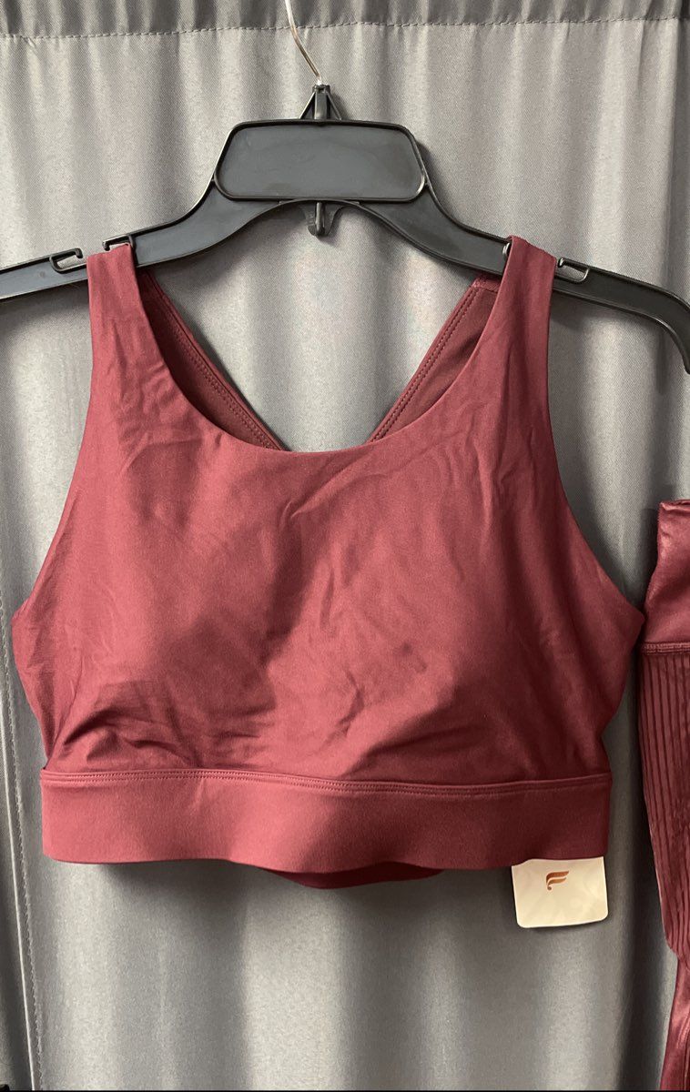Fabletics Women's Merlot Workout Set NWT High Impact Bra Shine Leggings Sz L